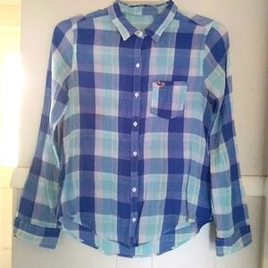 Hollister gauze crinkled blue white plaid shirt